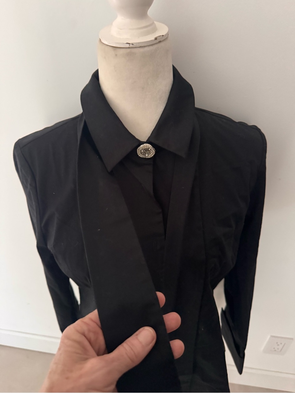 ALEXIS Black Fitted Tie Neck Blouse Jeweled Buttons Size M